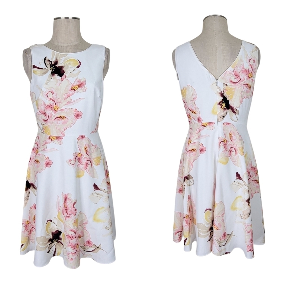 WHBM Fit N Flare Dress Size 6 White Pink Floral Sleeveless Back V Neck Lined New - Picture 2 of 11
